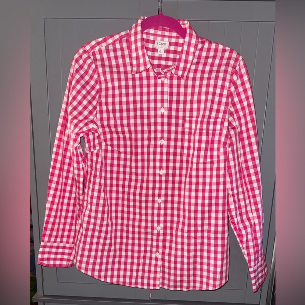 J. Crew Pink and White Gingham Button-Down Shirt